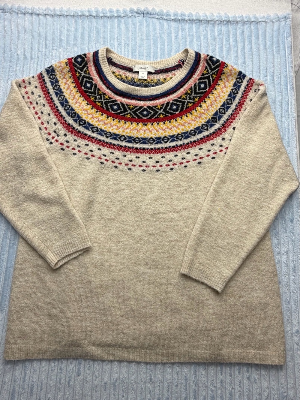 CJ Banks Cream Sweater with Multicolor Fair Isle Yoke